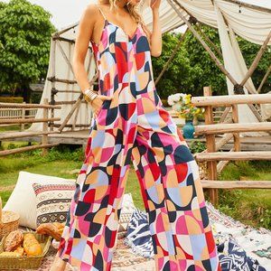 New Backless Tropical Print Wide Leg Cami Jumpsuit